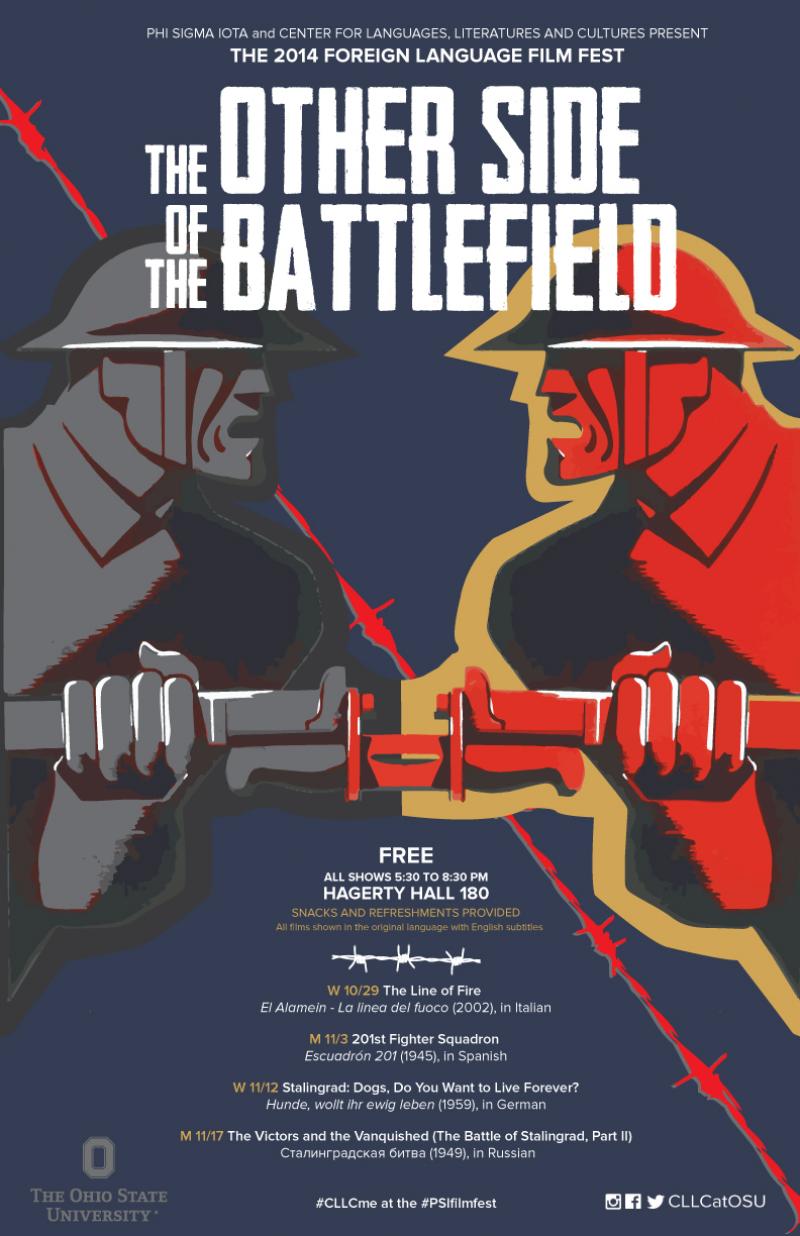 The Other Side Of The Battlefield film festival poster.  Free. snacks and refreshments provided. Hagerty Hall room 180. October 29th to November 17th. 