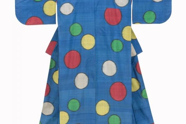 Photo of blue kimono with multi-colored polka dots