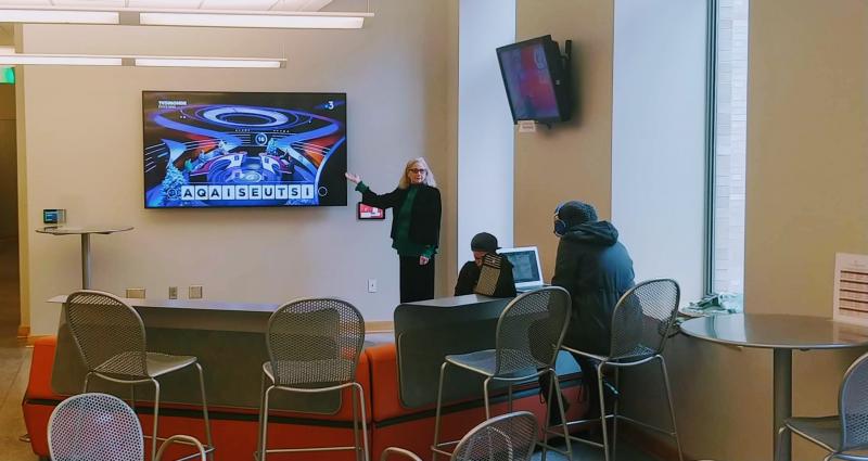 The Crane Cafe Fireside Chat area features a new 80-inch tv. The Crane Cafe Fireside Chat area features a new 80-inch tv.