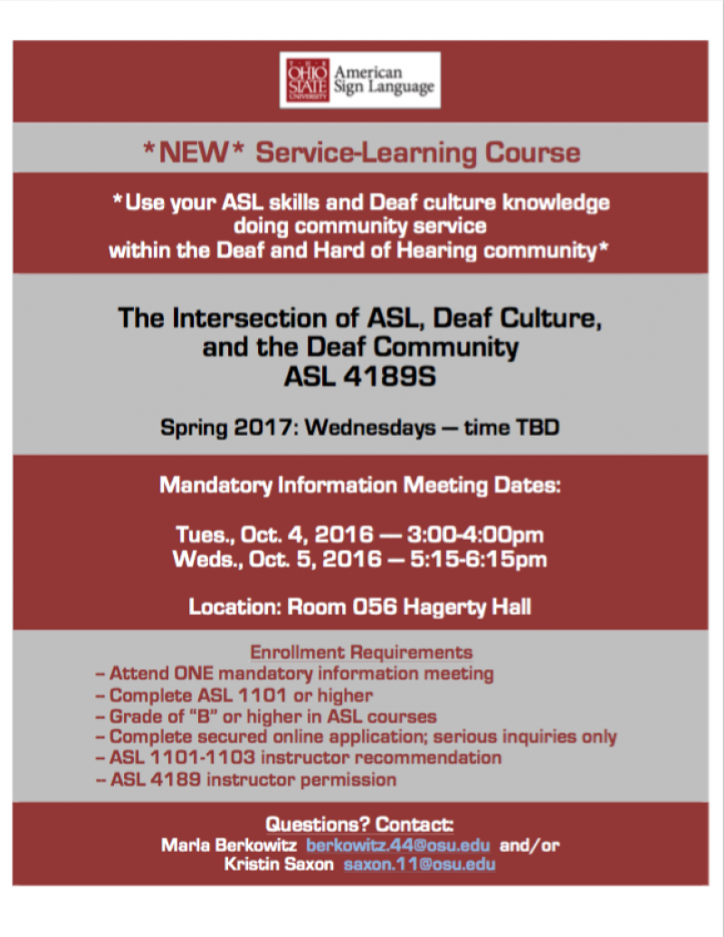 An American Sign Language Service Learning course is being offered Spring 2017 An American Sign Language Service Learning course is being offered Spring 2017