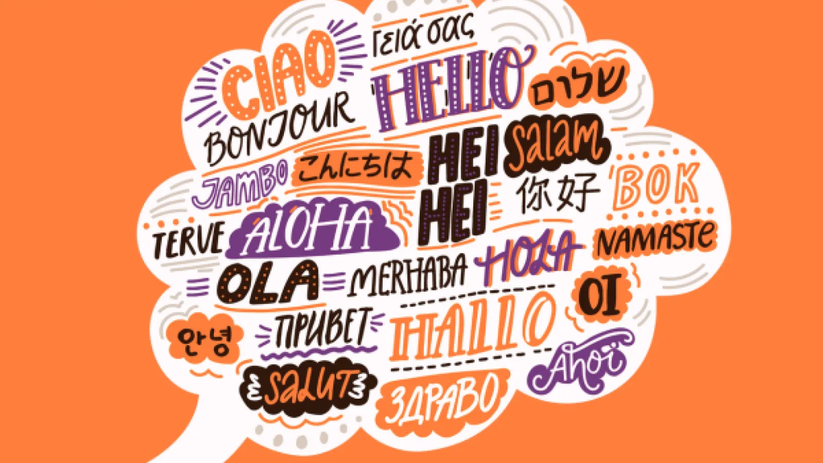 A speech bubble with different ways to say "hello" in various languages