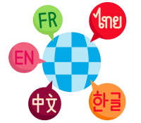 Speech bubbles of various languages surround a globe