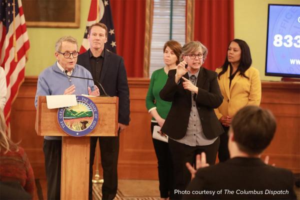 Marla Berkowitz interprets for Gov. Mike DeWine at coronavirus briefings. Marla Berkowitz interprets for Gov. Mike DeWine at coronavirus briefings.