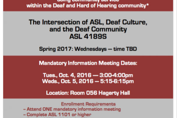 An American Sign Language Service Learning course is being offered Spring 2017 An American Sign Language Service Learning course is being offered Spring 2017