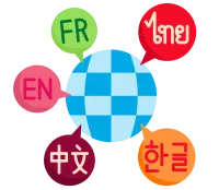 Speech bubbles of various languages surround a globe